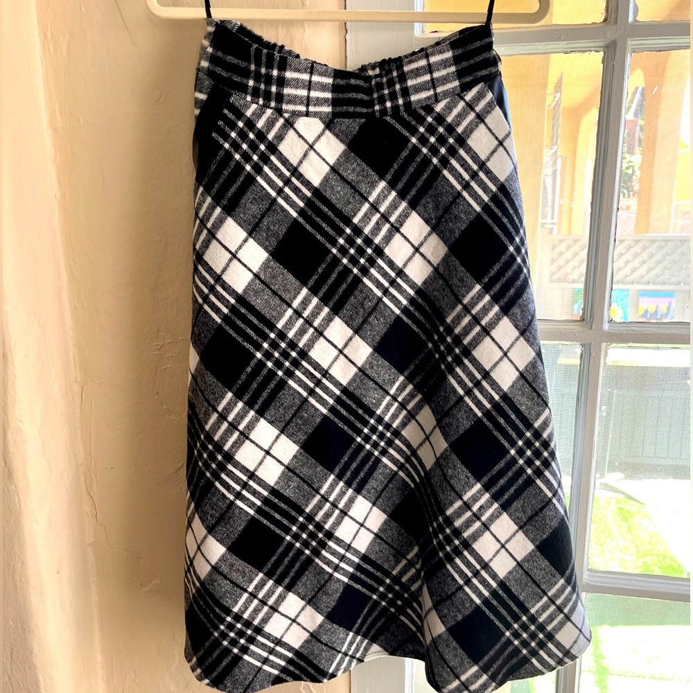 Plaid Wool A-Line skirt, Black/White, Midi length, M